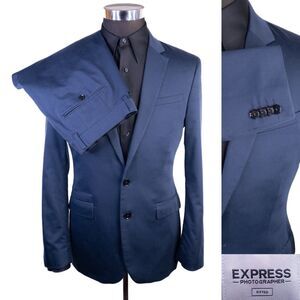 Express Photographer 2-Pcs Solid Blue Suit Jacket Sz 38R Pants 31X29 Cotton Blnd
